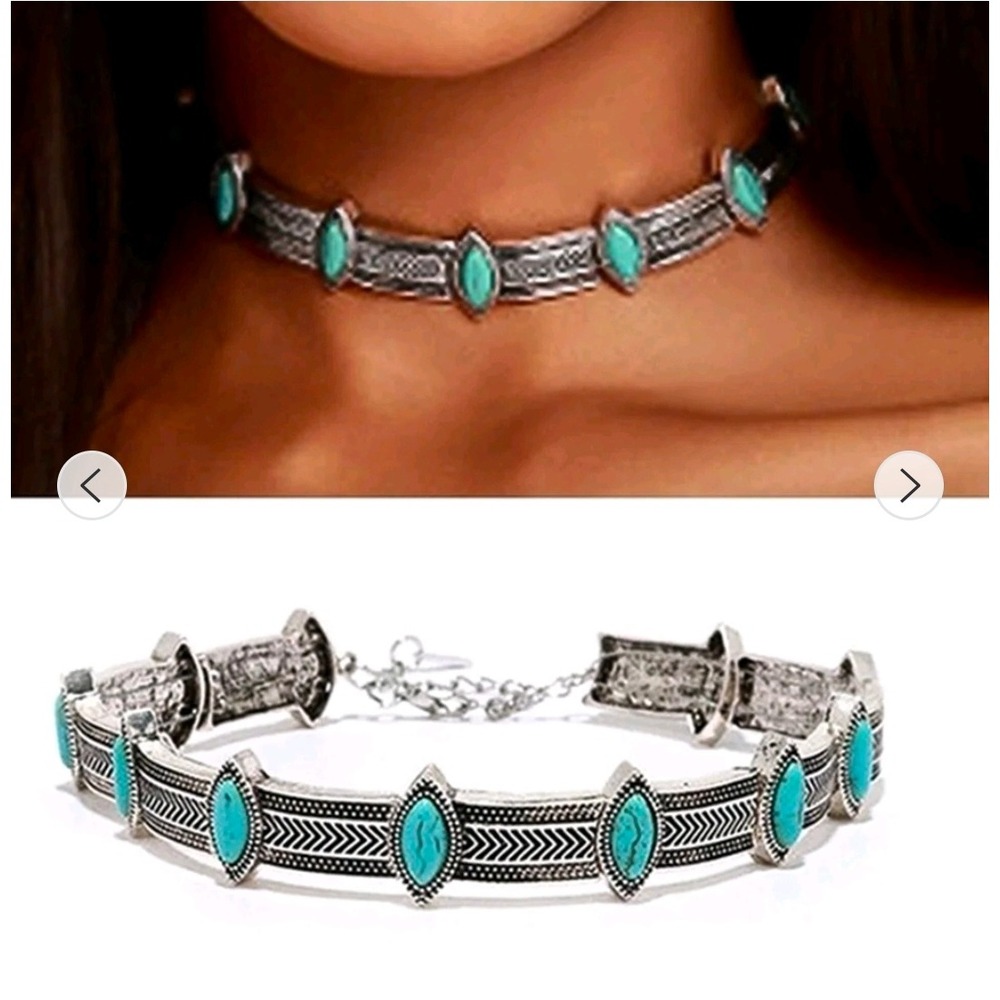 Boho Silver Tone Faux Turquoise Marquise Choker Necklace Western Tribal Style